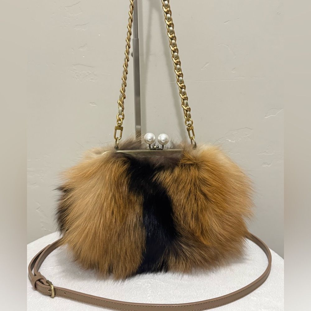 Handmade Real Fox Fur Kiss-lock Frame Clutch Bag, Shoulder Bag/ Crossbody - Picture 9 of 14